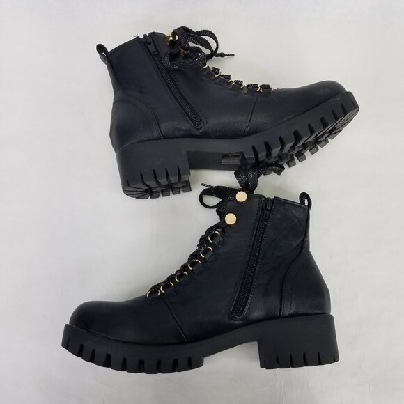 Chase + Chloe Storm Combat Boots Women 9 Black Block Heel Lug Sole Glitter Laces - Picture 6 of 15